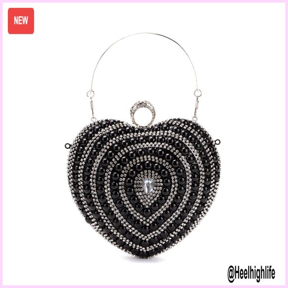 Heart Shape Evening Clutch with Pearl Rhinestone Detachable Chain Strap
